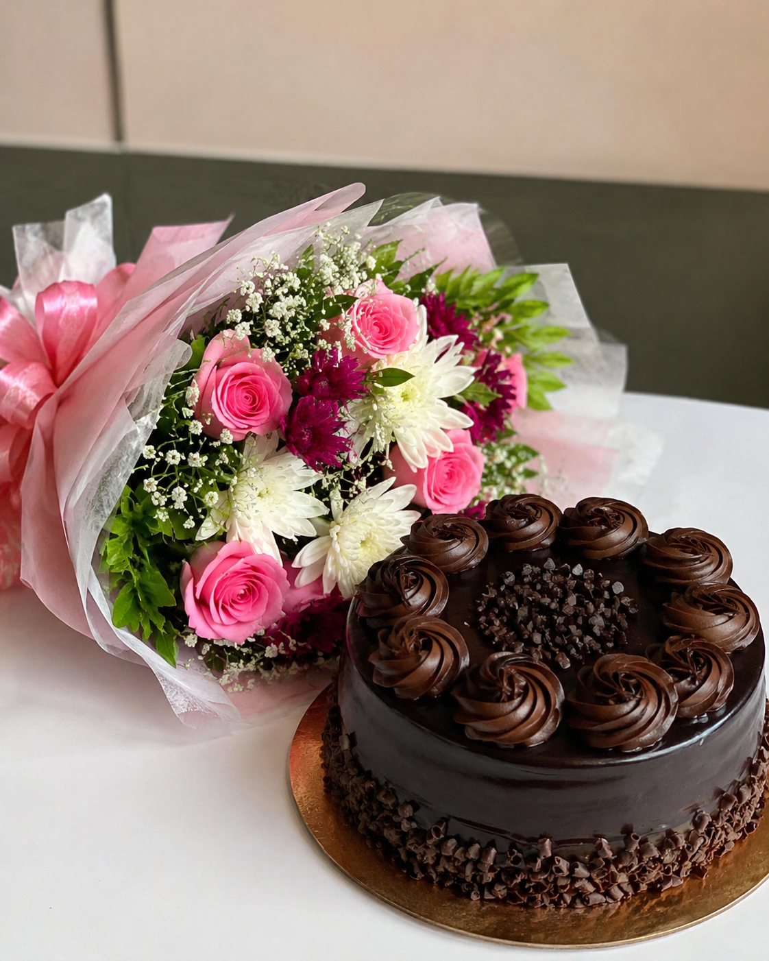 Pink Flower Bouquet with Chocolate Truffle Cake