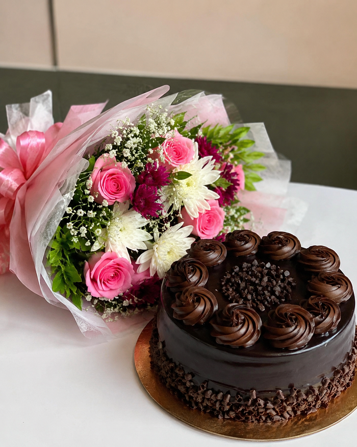 Pink Flower Bouquet with Chocolate Truffle Cake