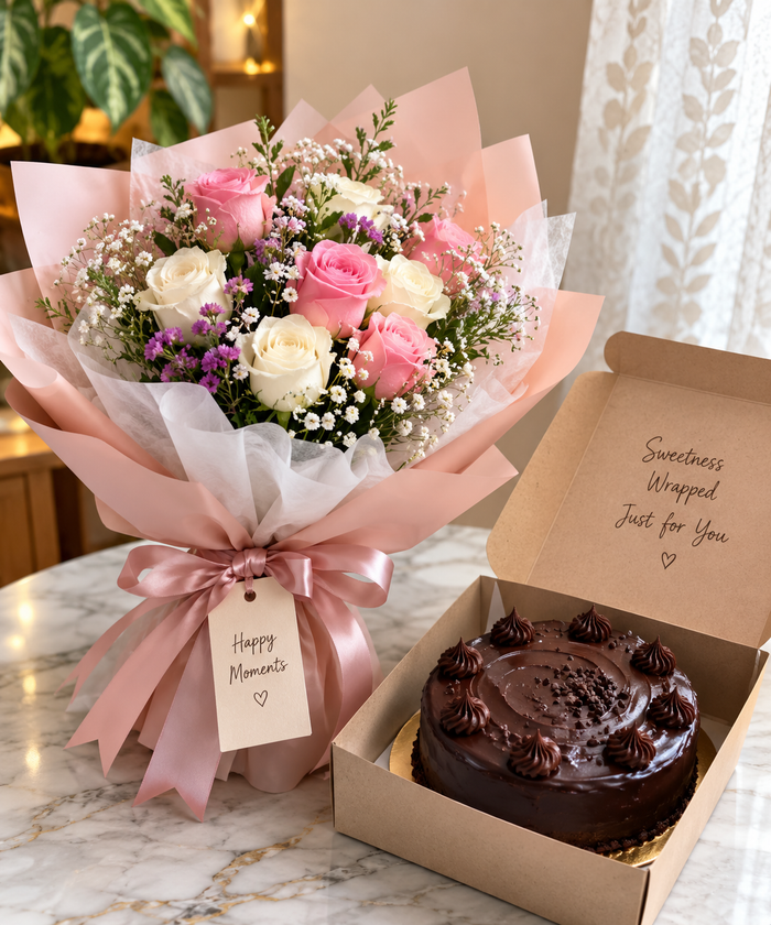 Premium Rose Bouquet with Chocolate Truffle Cake