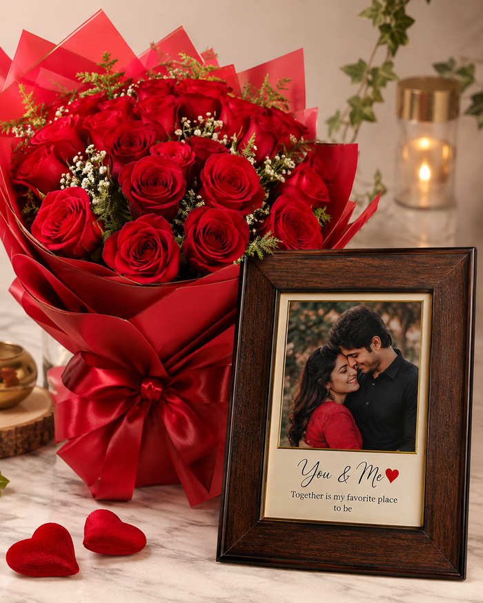 Personalized Red Rose Bouquet with Custom Photo Frame